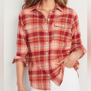 2 /$15  New Old Navy Plaid Flannel Boyfriend Shirt  Sz M  Orange Red NWT